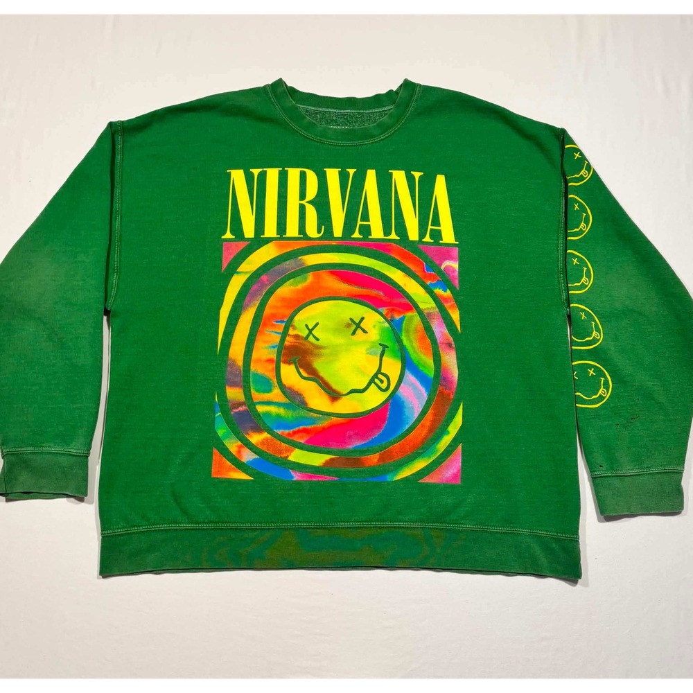 Nirvana Smiley Face Graphic Sweatshirt Green Tie Dye Sleeve Print S/M Mens Women